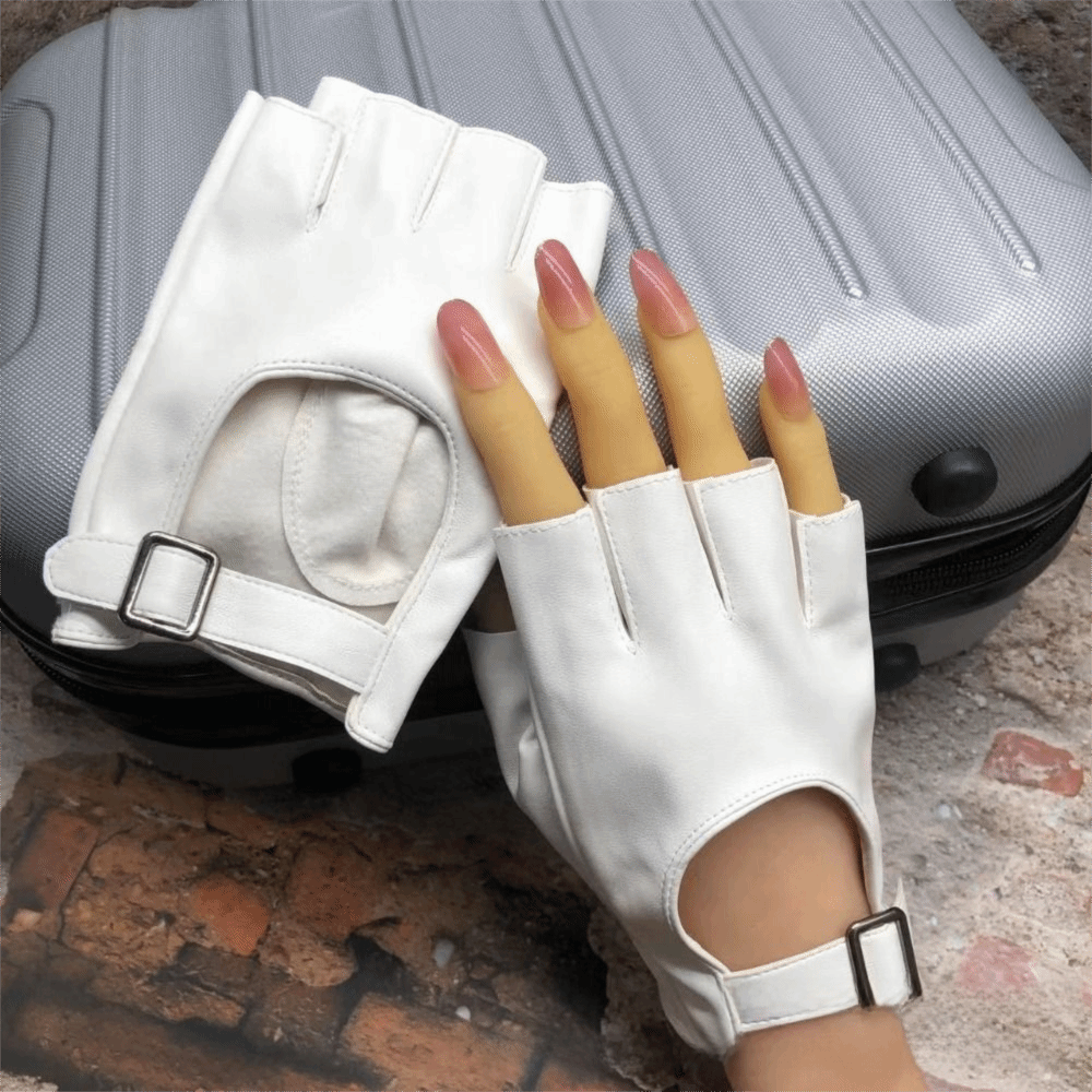 Leather Driving Glove - ถุงมือแฟชั่นใหม่แบบกันน้ำ ไม่มีนิ้ว แบบสั้น ตกแต่งหัวเข็มขัดสี่เหลี่ยม หนัง PU