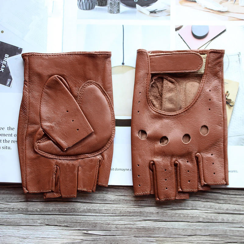 Leather Driving Glove - ใหม่ผู้หญิง Sheepskin Half Finger ถุงมือหนังชั้น Unlined