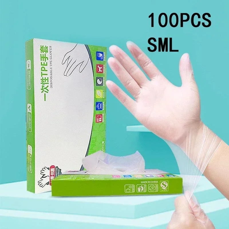 Latex Disposable Glove - 100/200 PCS เกรดอาหารถุงมือทิ้งแบบพกพาลื่นกรดทํางานทําความสะอาดถุงมือโปร่งใส TPE Latex ฟรีถุงมือ