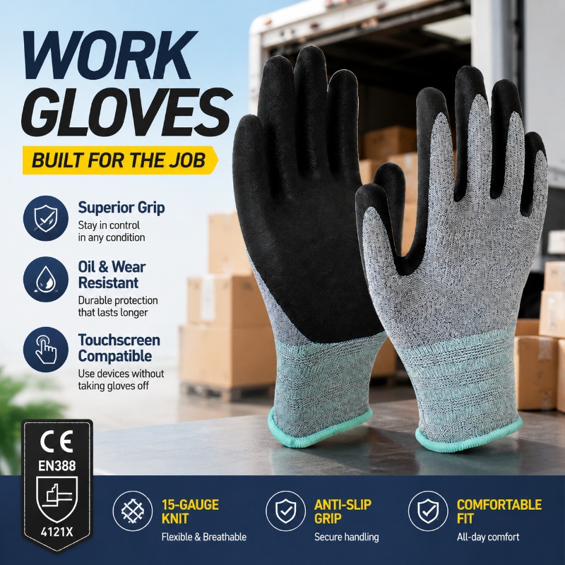 Nitrile Mechanic Glove - ถุงมือทำงานเคลือบไนไตรล์โพลีเอสเตอร์ 15 เข็ม ป้องกันน้ำมัน ได้รับการรับรองมาตรฐาน EN388